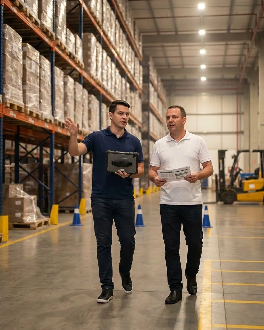Consultor PRA LOG com tablet acompanhando gerente operacional em corredor de galpão industrial durante diagnóstico