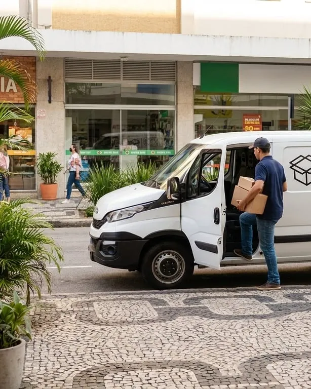 Entregador da PRA LOG descarregando pacote de van em rua comercial com calçada portuguesa no Rio de Janeiro